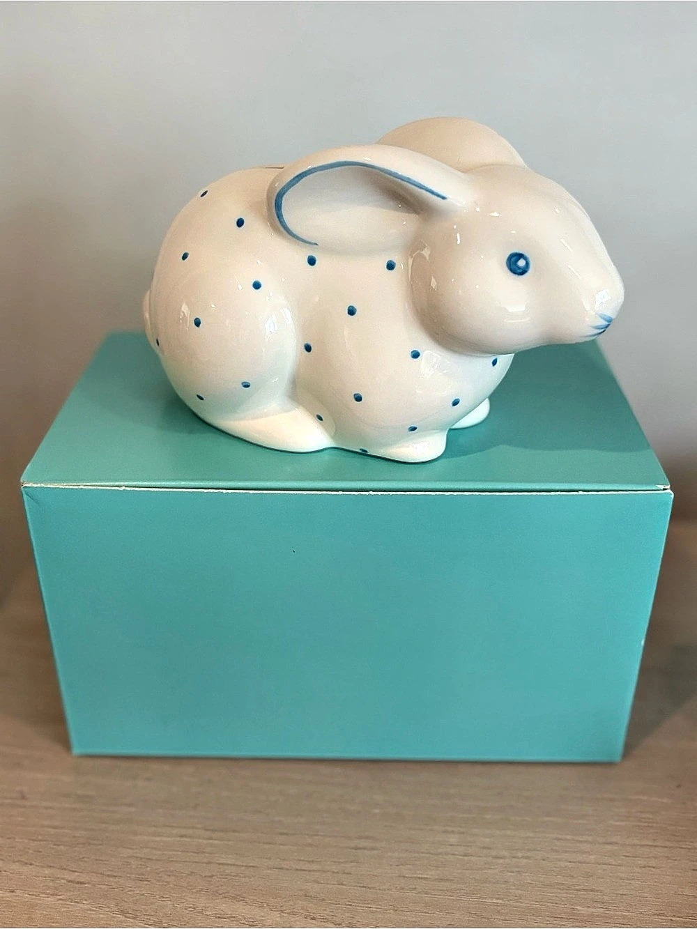 Tiffany & Co. Hand Painted Ceramic Bunny Rabbit Coin Bank with Blue Polka Dots